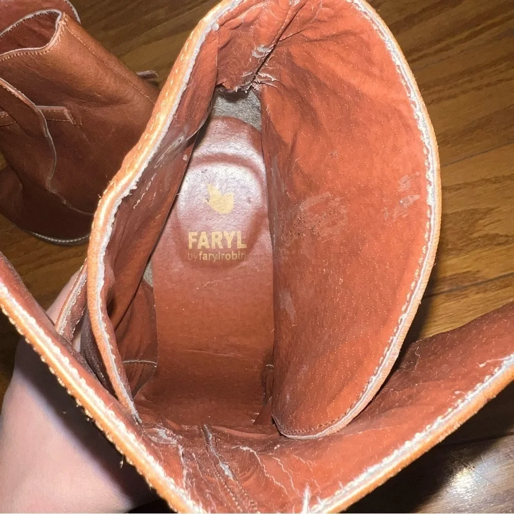 FARYL Brown Leather Stacked Heeled Booties with Buckle Size 10 - Picture 4 of 11